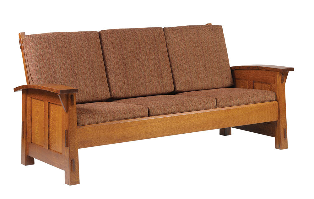 Brown wooden sofa with fabric cushions on a white background