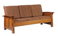 Brown wooden sofa with fabric cushions on a white background