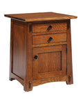 Wooden side table with two drawers and a door on a white background