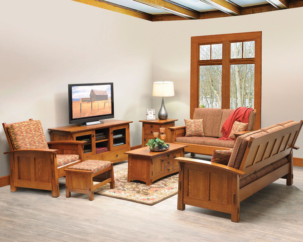 Wooden living room furniture set with a TV in a room with a window.