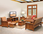Wooden living room furniture set with a TV in a room with a window.