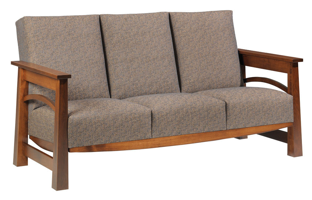 Sofa with wooden frame and gray cushions on a white background