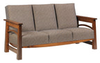 Sofa with wooden frame and gray cushions on a white background