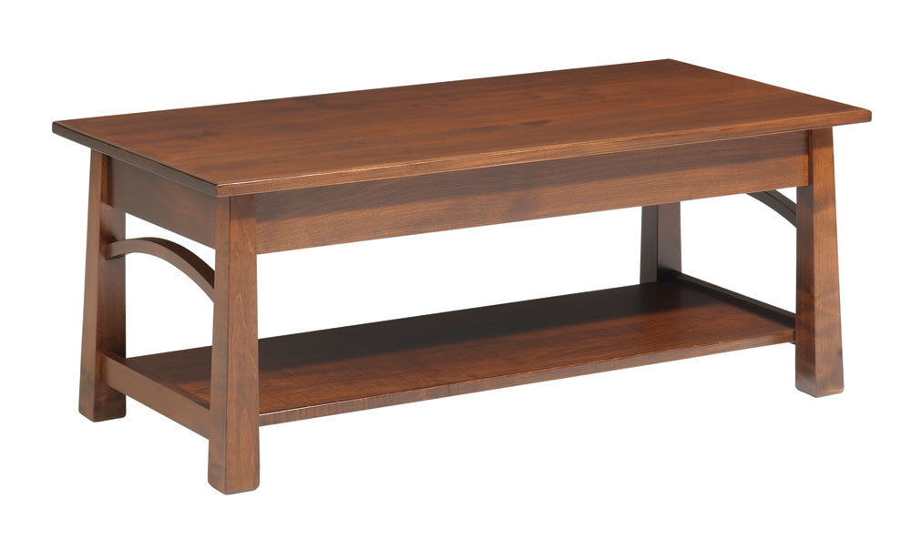 Wooden coffee table with a shelf on a white background