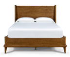 Wooden bed with white bedding on a white background