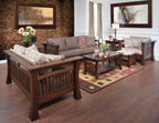 Living room with wooden furniture and decorative elements.