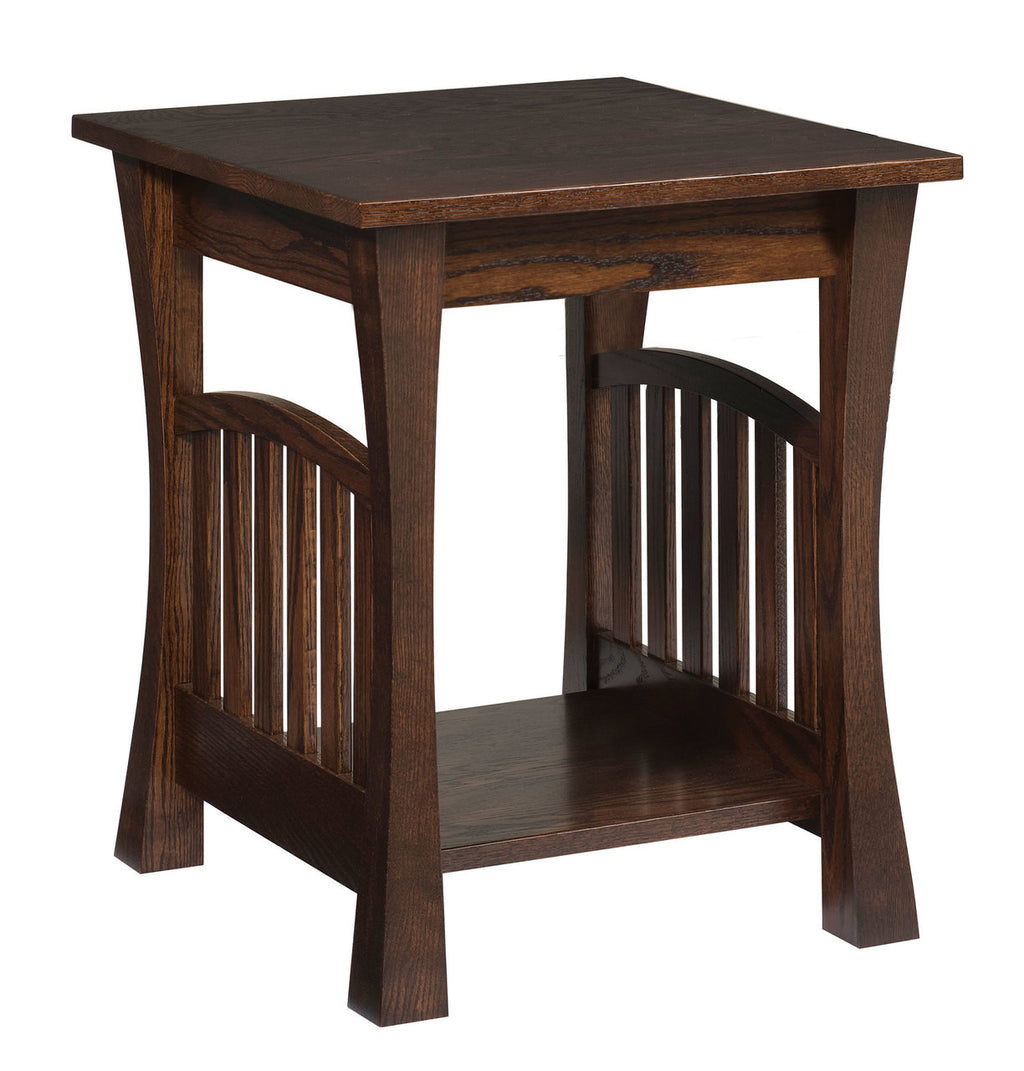 Wooden side table with a dark brown finish on a white background
