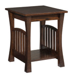 Wooden side table with a dark brown finish on a white background