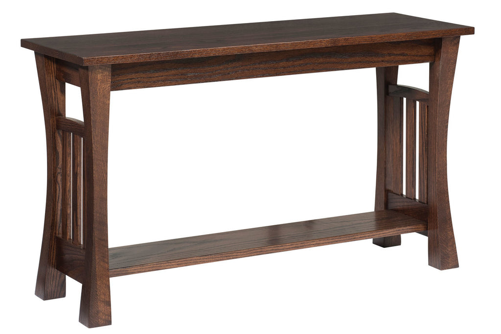 Wooden console table with a dark brown finish on a white background