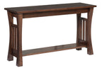Wooden console table with a dark brown finish on a white background