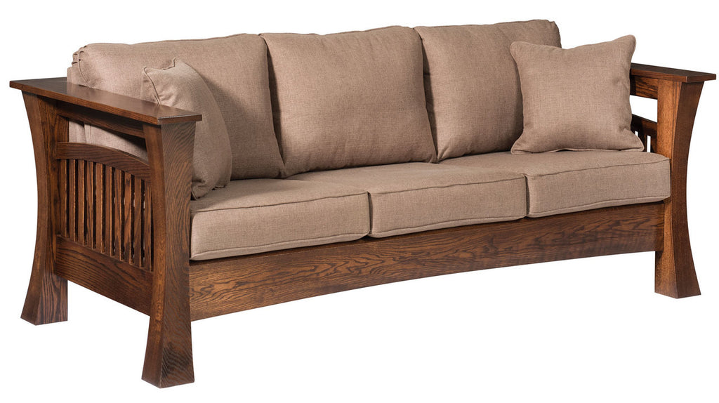 Brown sofa with wooden frame on a white background