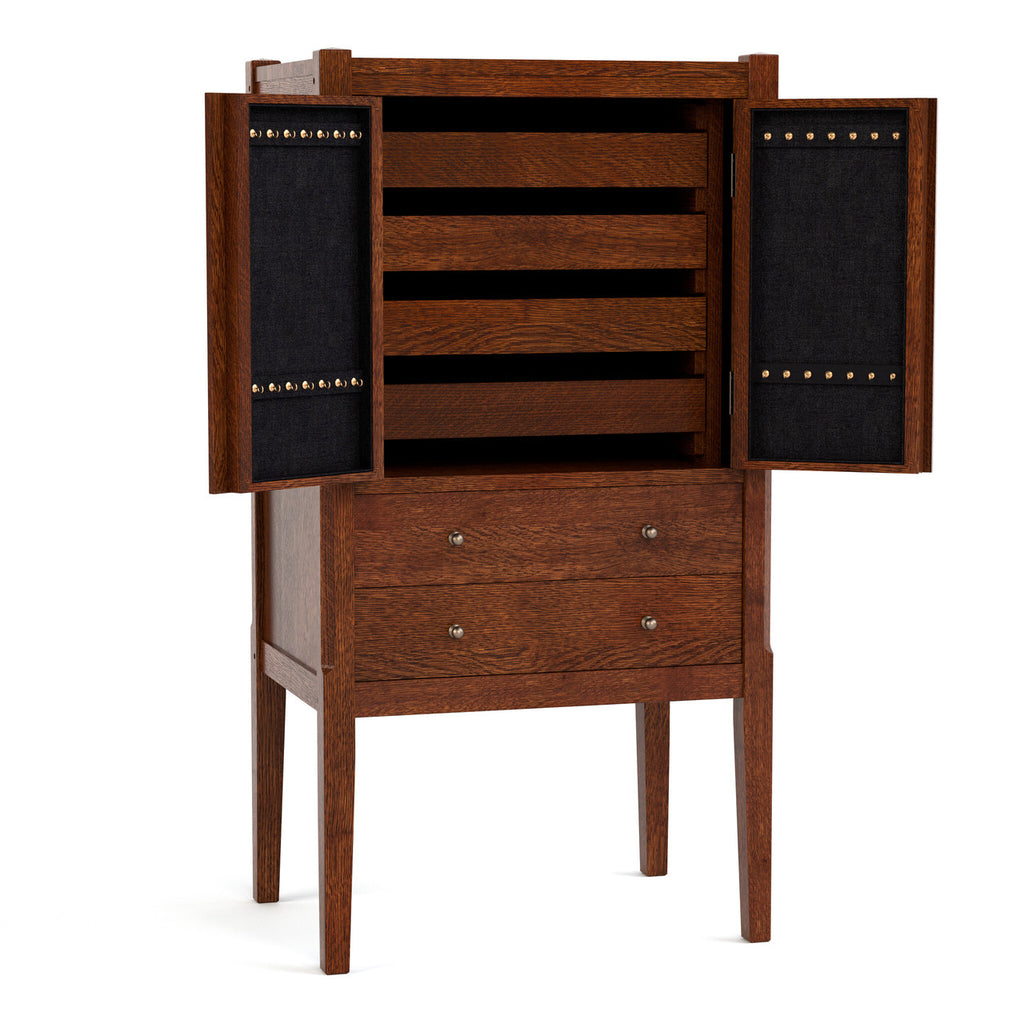 Wooden jewelry cabinet with open doors 