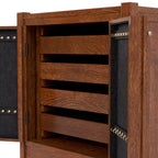 Wooden jewelry box with open lid showing compartments