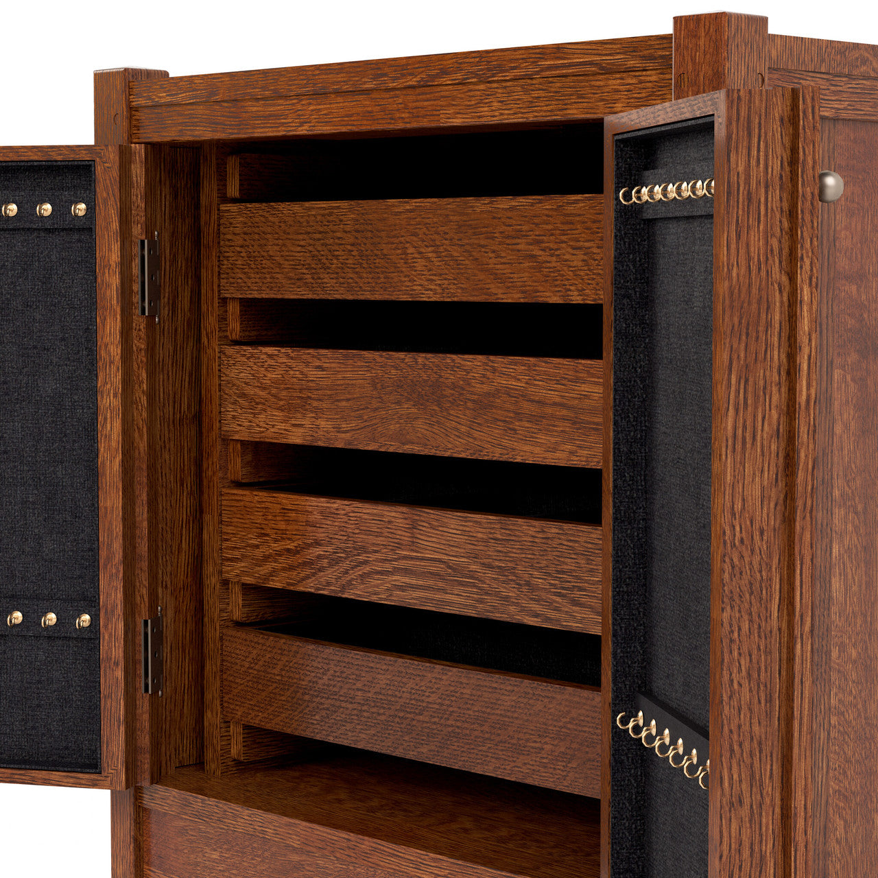 Wooden jewelry box with open lid showing compartments