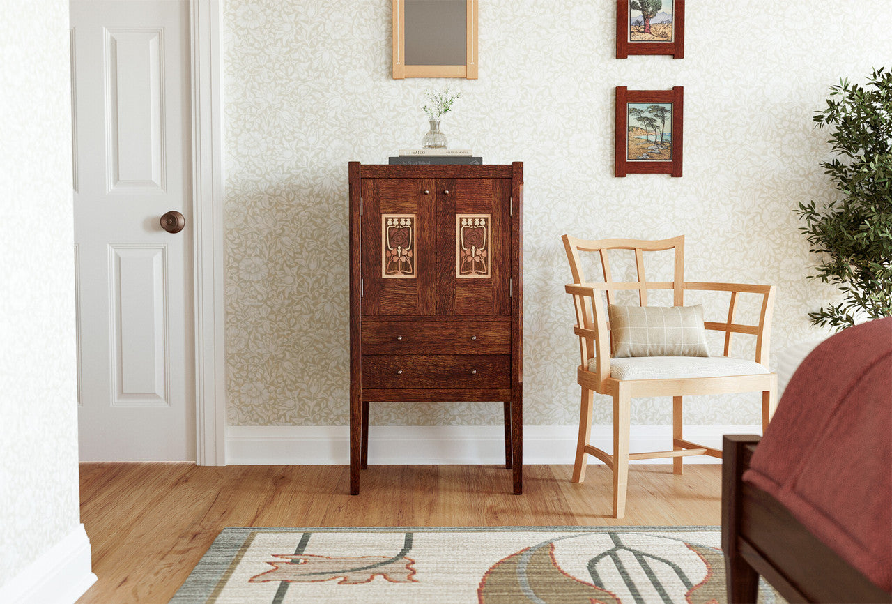 Jewelry chest with decorative panels, in a room with a chair and decorative elements.