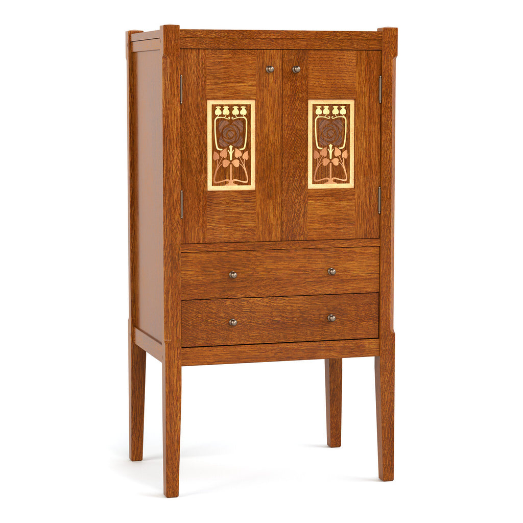 Jewelry chest with decorative panels lighter shade of stain. 
