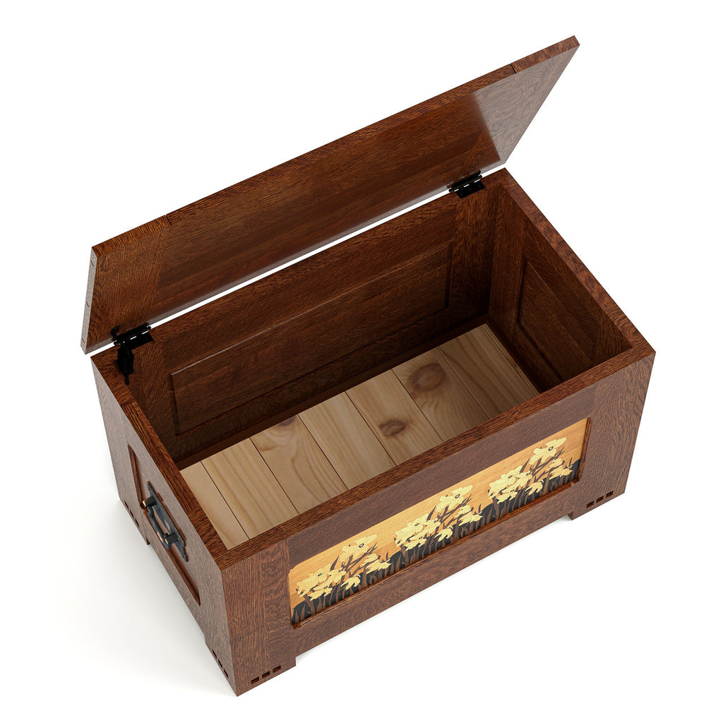 Wooden storage box with a decorative panel on a white background
