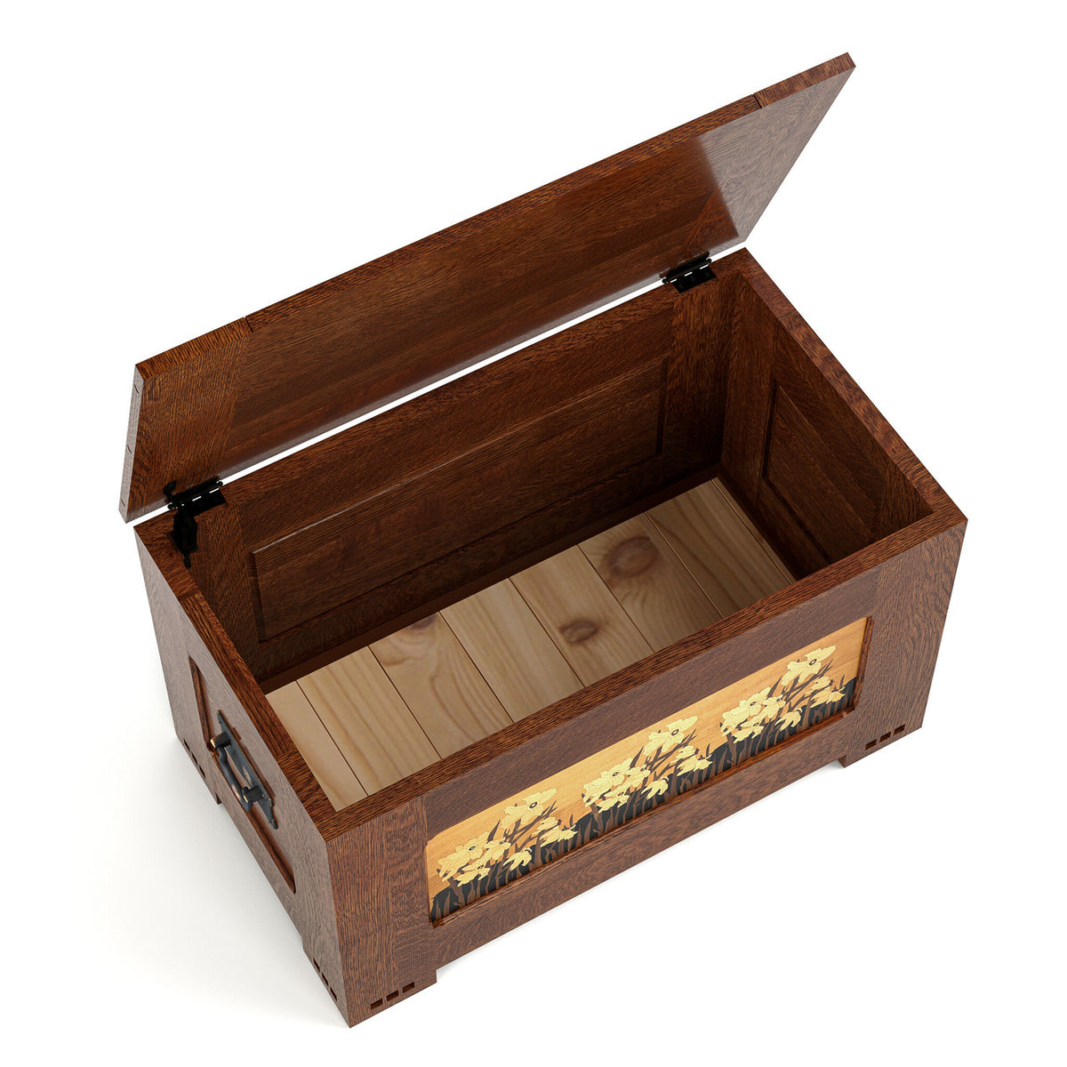 Wooden storage box with a decorative panel on a white background