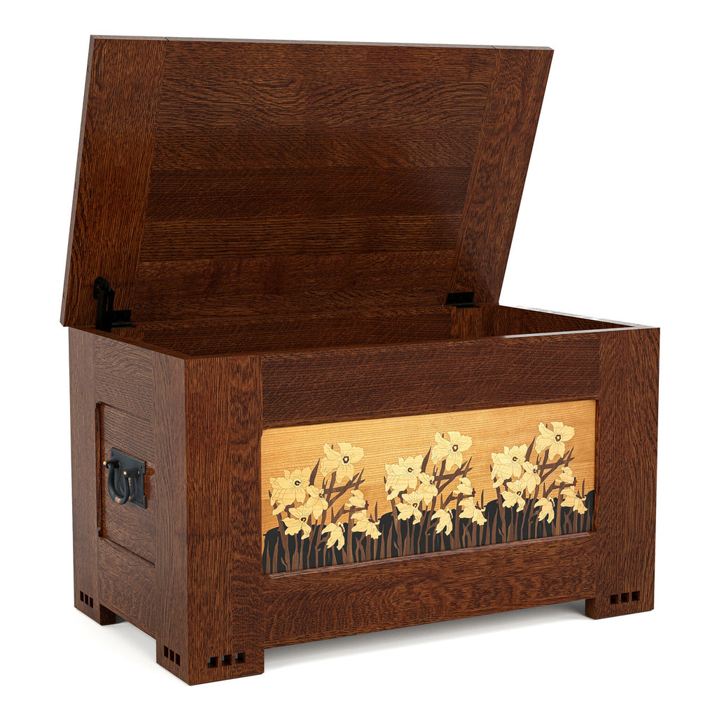 Wooden chest with floral design on a white background