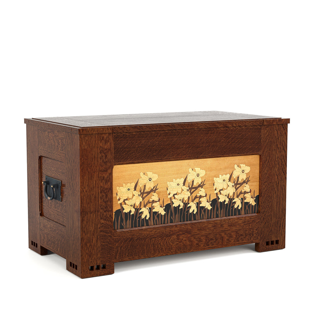 Wooden chest with floral design on a white background