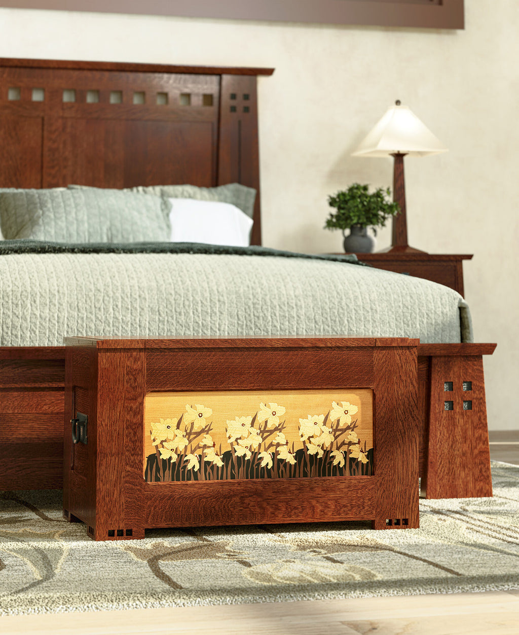 Wooden bed with built-in fireplace and decorative elements in a bedroom setting.