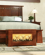 Wooden bed with built-in fireplace and decorative elements in a bedroom setting.