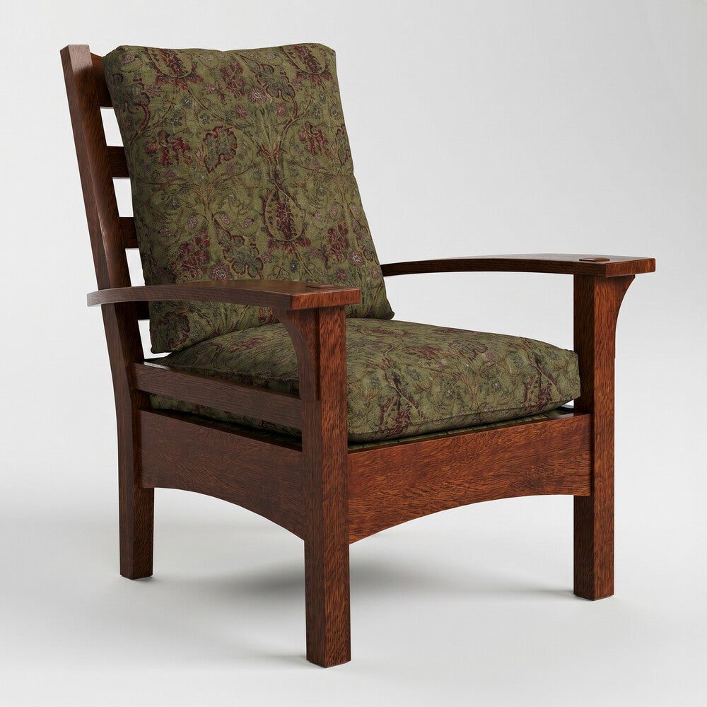 A classic wooden armchair with a rich reddish-brown frame and plush cushions upholstered in an olive green fabric with a burgundy floral damask pattern, shown against a neutral light gray background.