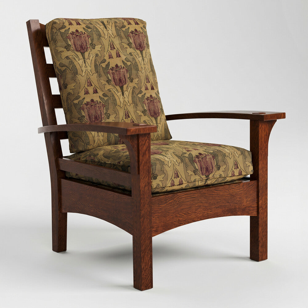 Wooden armchair with patterned fabric seat and backrest on a white background