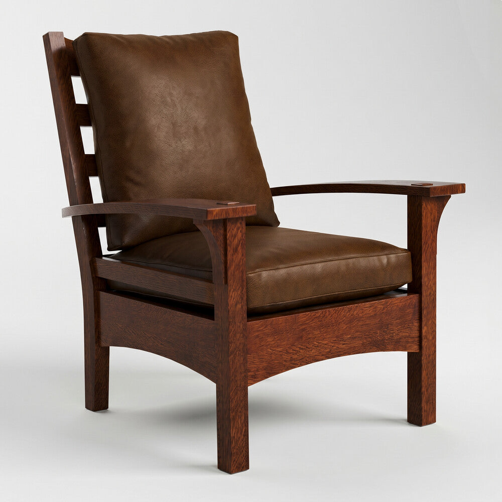 Brown leather armchair with wooden frame on a white background