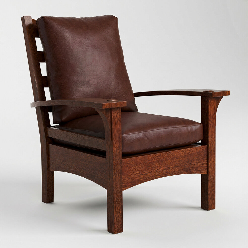 A classic wooden armchair with a tall backrest, upholstered in rich dark brown leather, shown against a neutral light gray background.