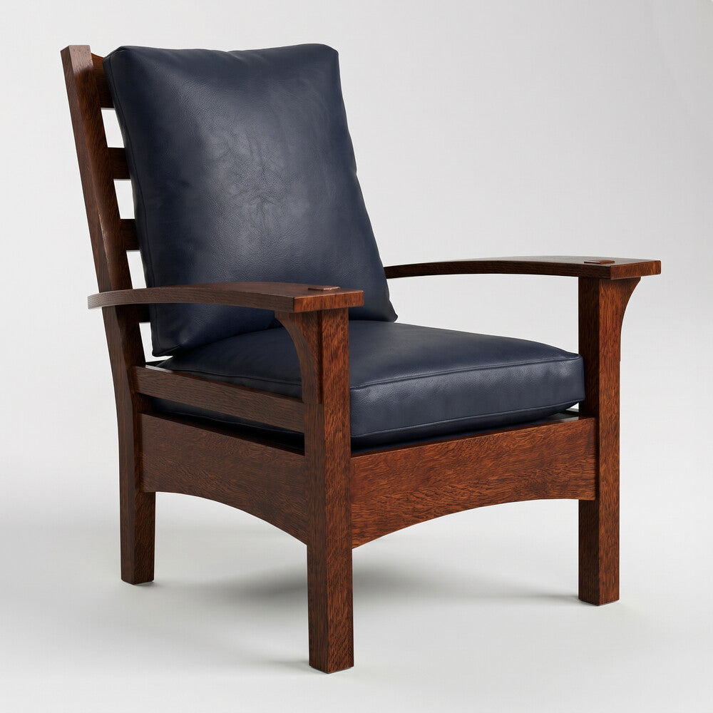 Wooden armchair with dark blue cushions on a white background
