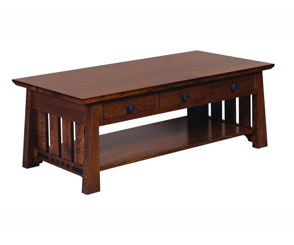Wooden coffee table with three drawers on a white background