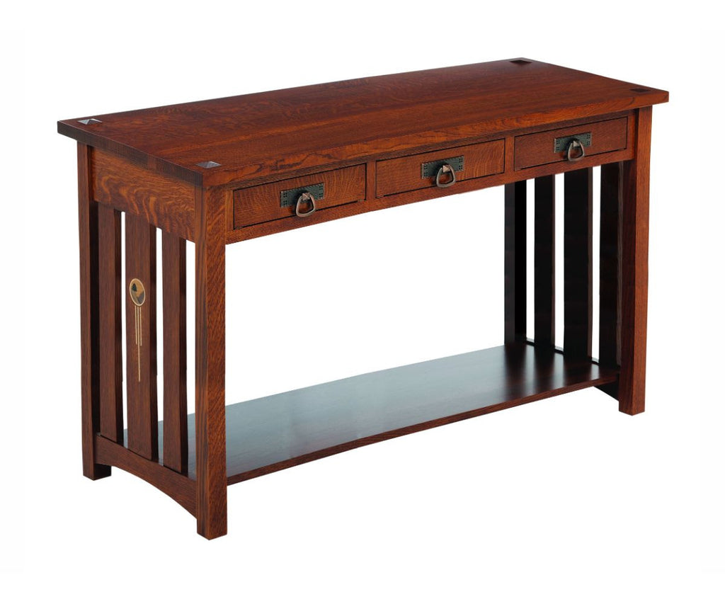 Wooden console table with drawers and a shelf on a white background