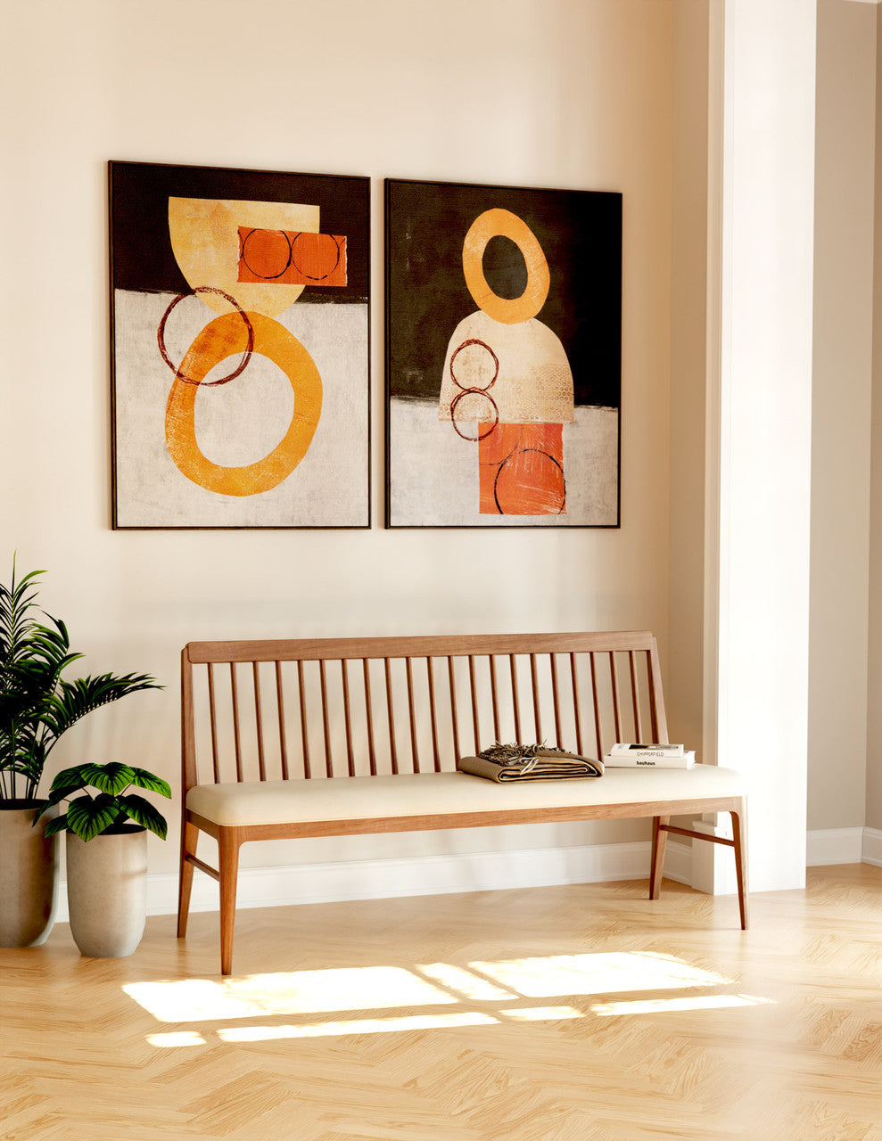 Wooden bench with abstract wall art in a room with light wood flooring and a plant.