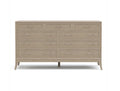 Beige dresser with multiple drawers on a white background