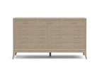 Beige dresser with multiple drawers on a white background