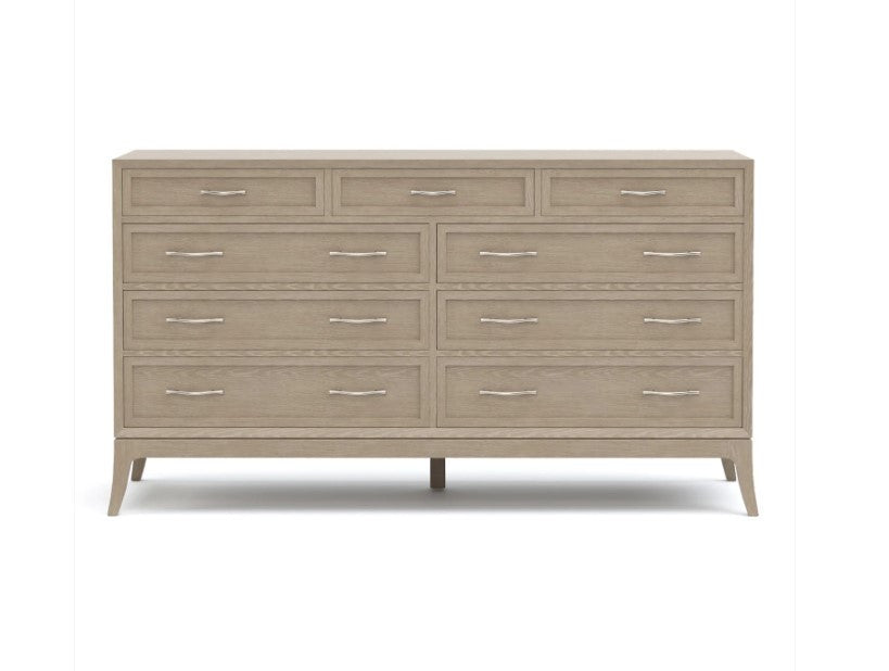 Beige dresser with multiple drawers on a white background