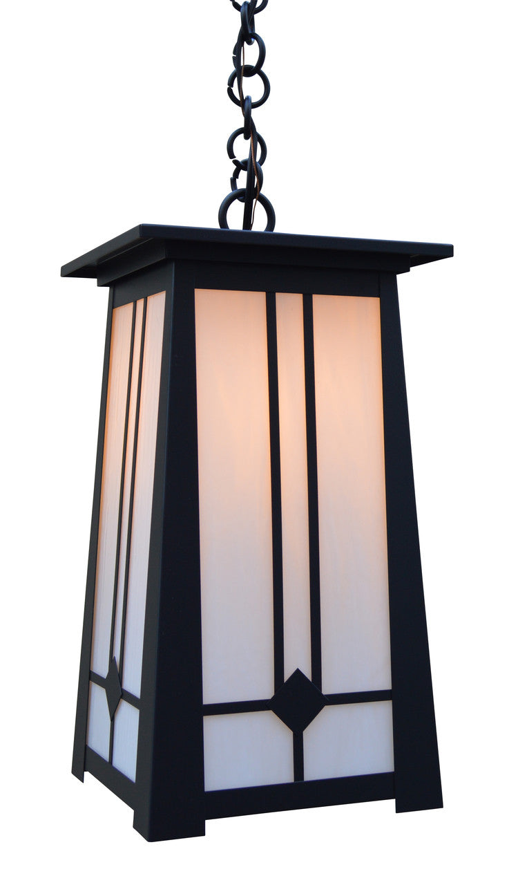 Black pendant light with a white glass shade on a white background