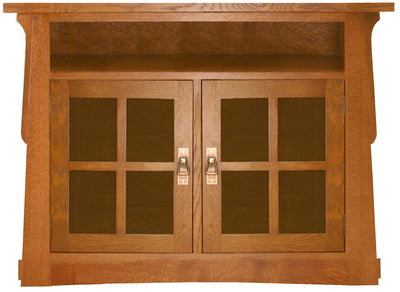 Wooden cabinet with glass doors on a white background