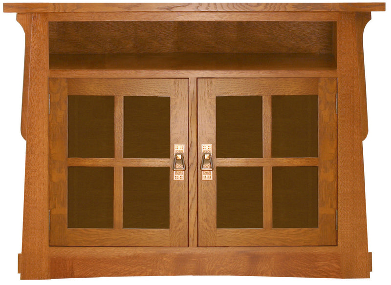 Wooden cabinet with glass doors on a white background