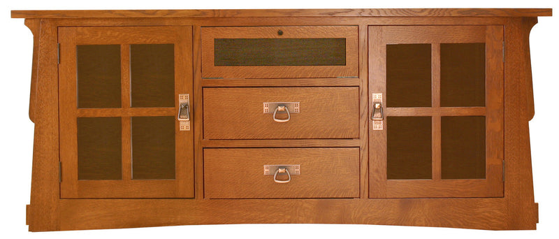 Wooden entertainment console with glass panels and drawers on a white background