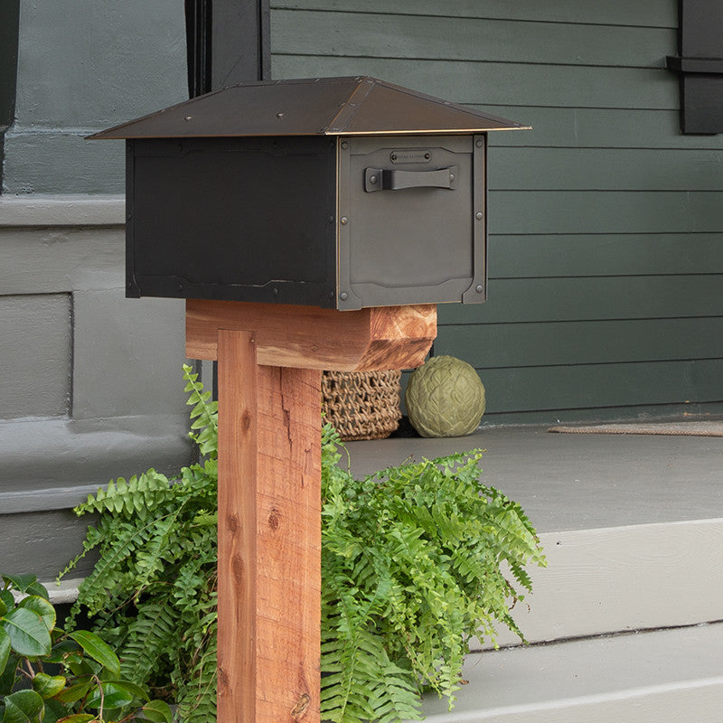 Craftsman Roof Solid Brass Post Mount Mailbox  AF-520