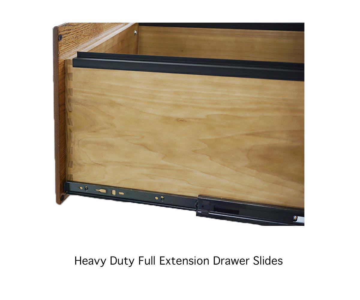 Heavy-duty full extension drawer slides on a wooden cabinet