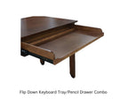 Wooden desk with a flip down keyboard tray and pencil drawer on a white background
