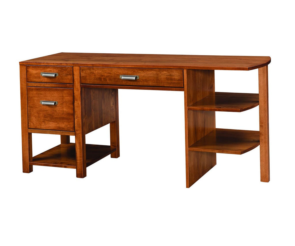 Wooden desk with drawers and shelves on a white background