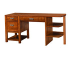 Wooden desk with drawers and shelves on a white background