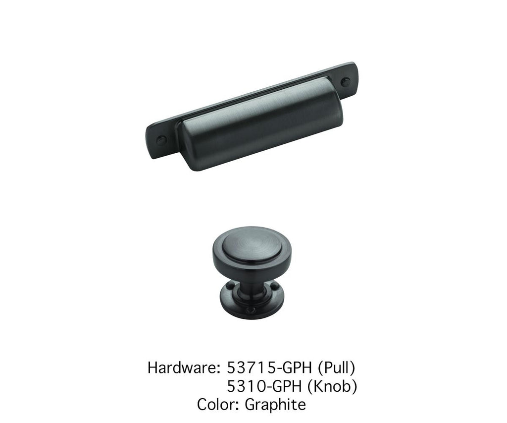 Graphite-colored cabinet pull and knob on a white background