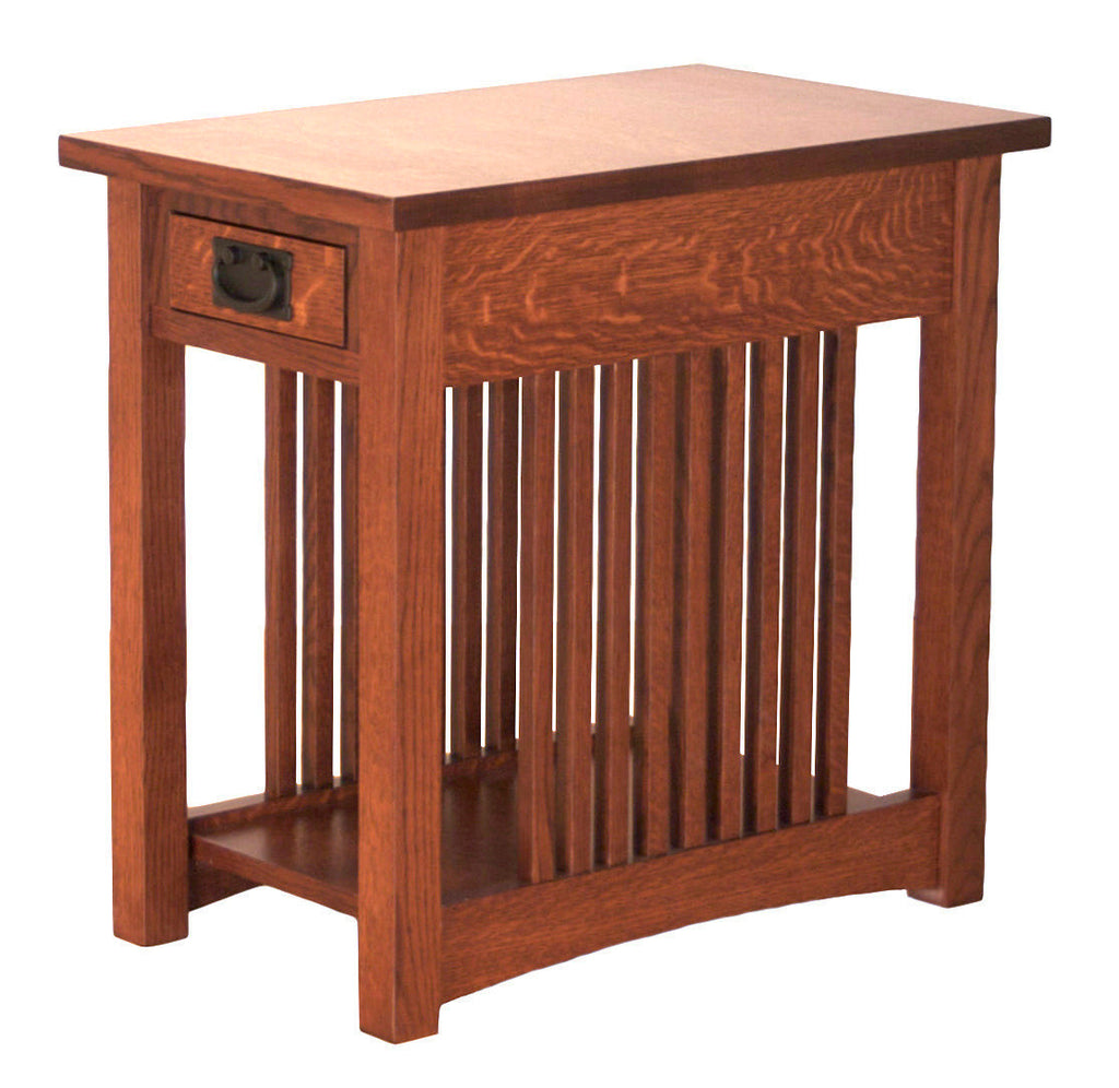 Wooden side table with a single drawer on a white background