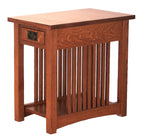 Wooden side table with a single drawer on a white background