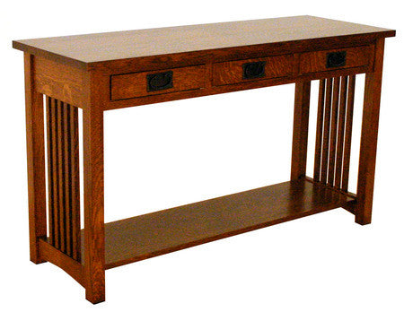 Wooden console table with a single drawer on a white background